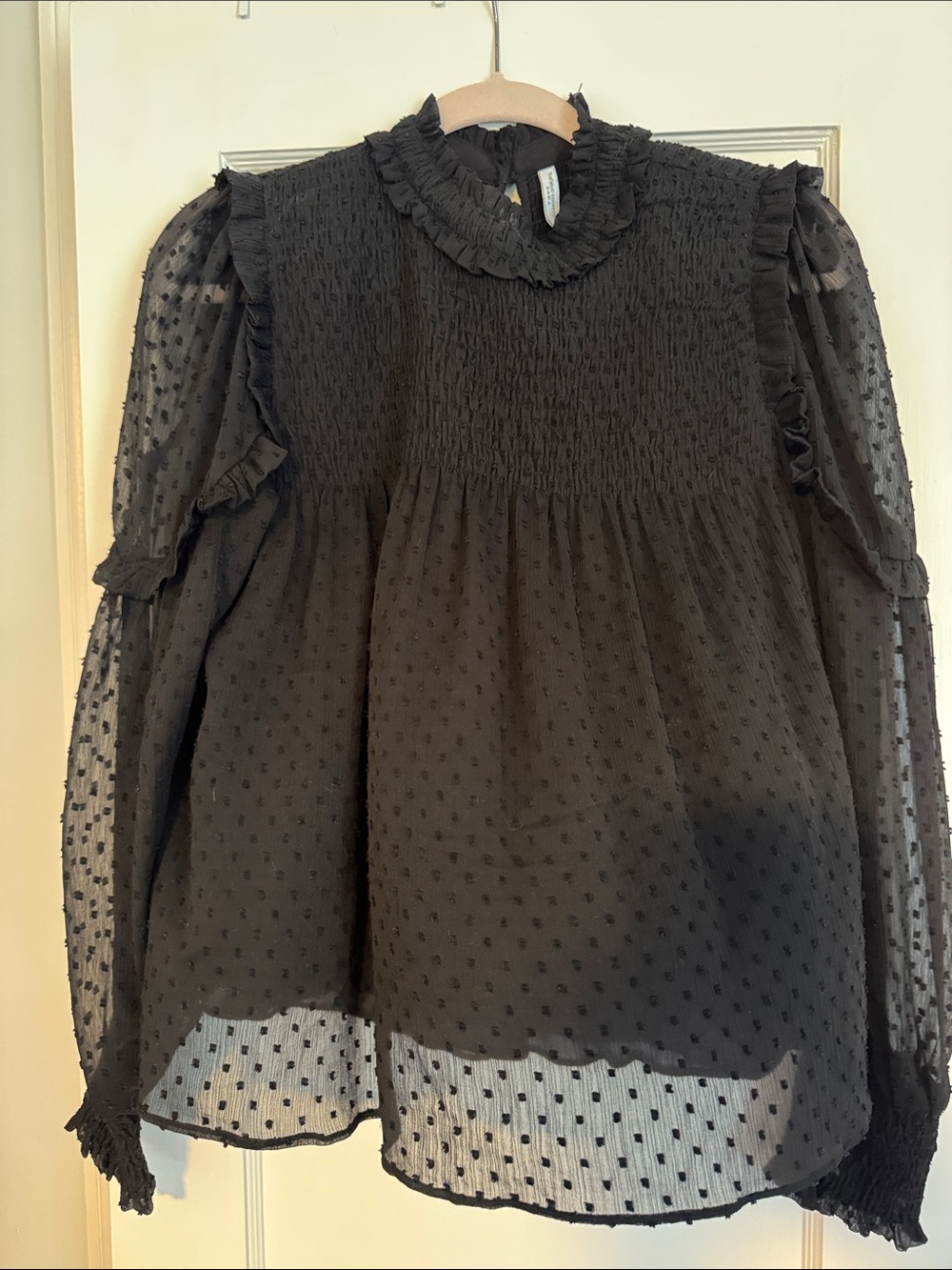 Zara Black Swiss Dot Ruffle-Trim Blouse
